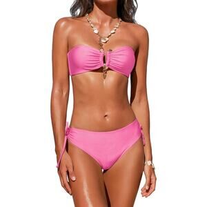 Seamoly Womens Cutout Metal Ring Strapless Bikini Tie Side Swimsuit Cheeky Large